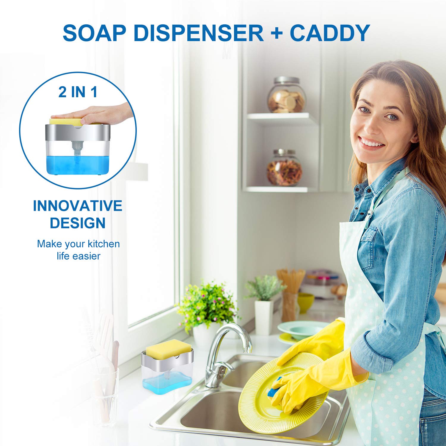 Premium Quality Soap Dispenser With Added Features For Kitchen - Sponge Holder Sink Dish Washing Soap Dispenser 13 Ounces Silver